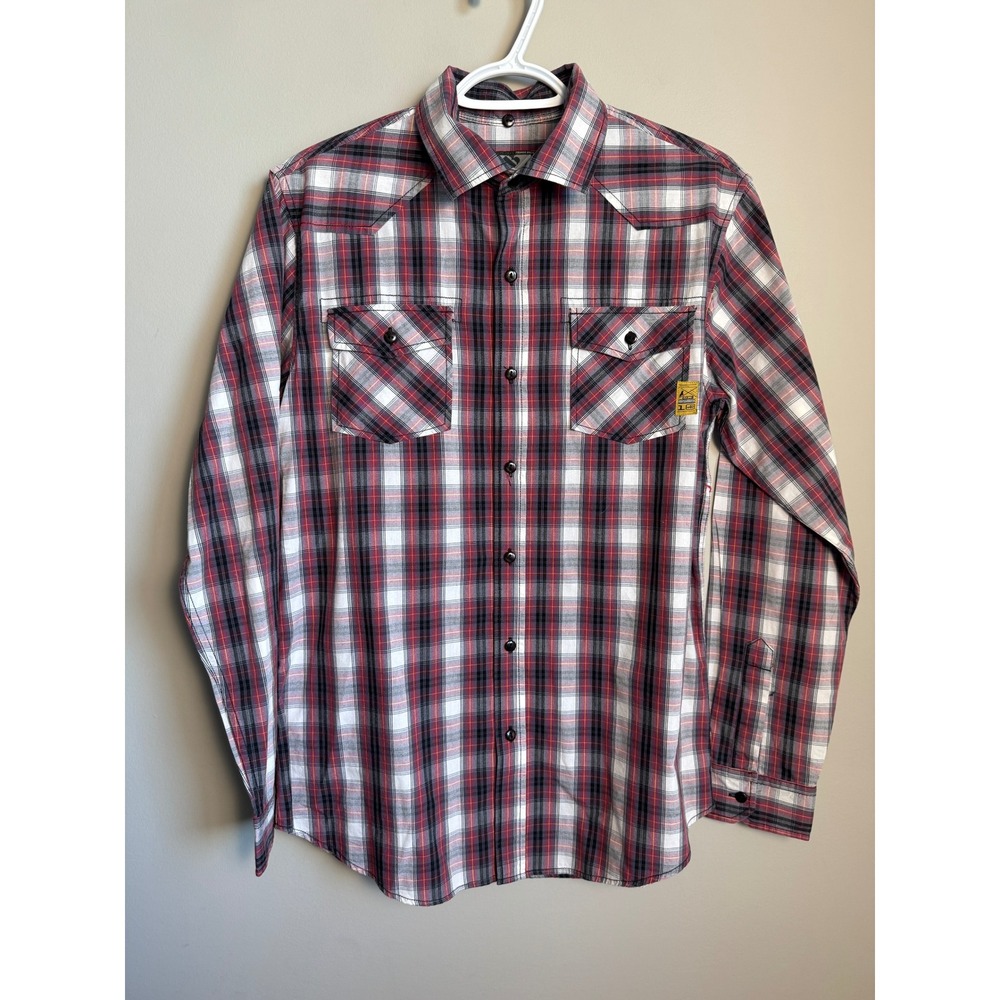 UB Mens Western Plaid Button Up Shirt Red Black Size Small Y2K Cowboy Chic Rodeo